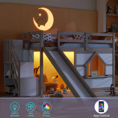 Kids loft bed with 7-color LED lights and storage stairs