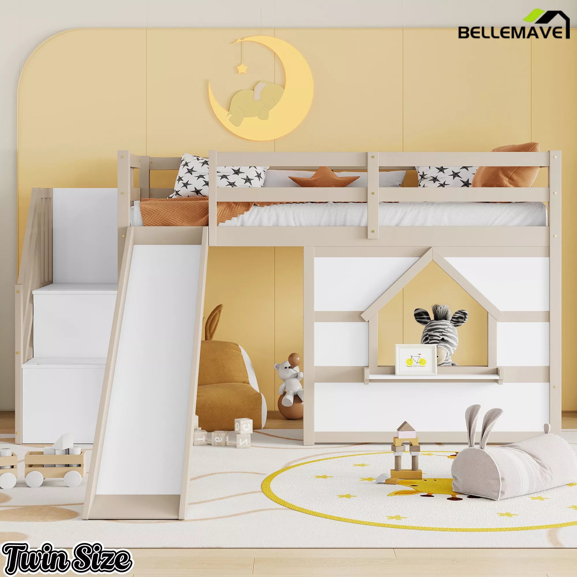 Kids low loft bed with slide and playhouse window