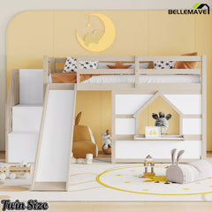 Kids low loft bed with slide and playhouse window