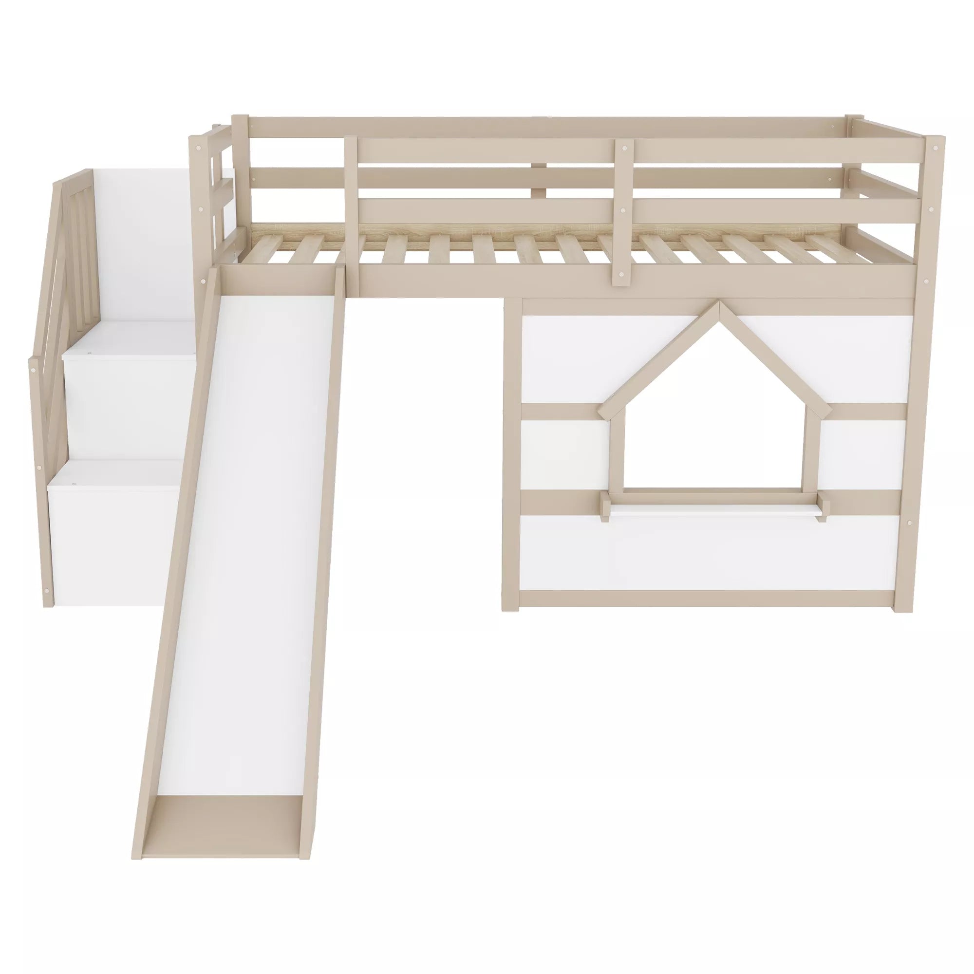 Twin low loft bed frame with slide and storage stairs