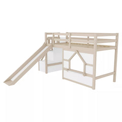 Kids loft bed frame with playhouse window and slide