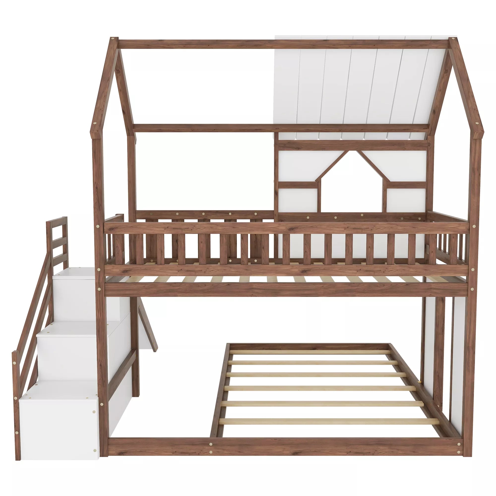 Wooden bunk bed with house roof design and guardrails