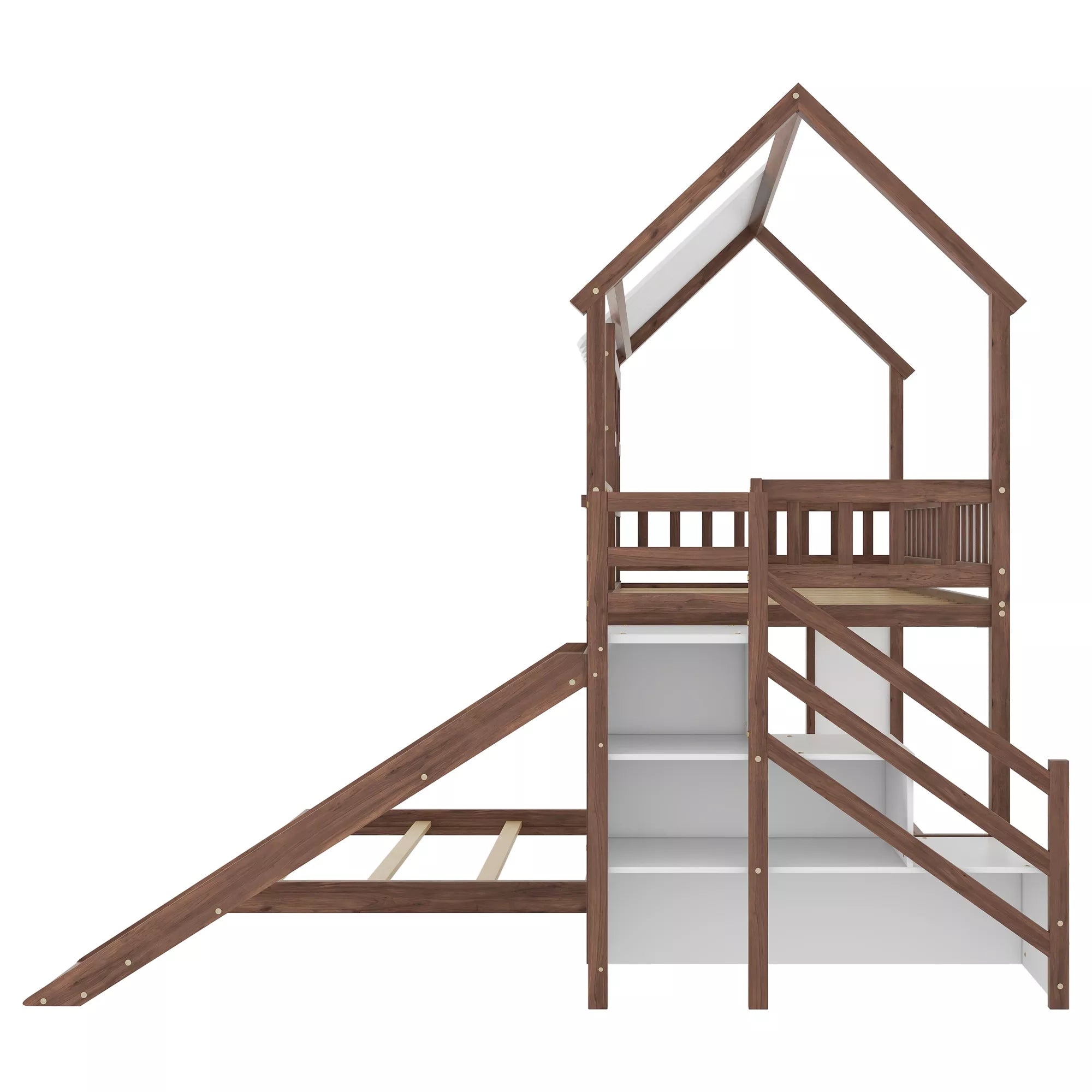 Twin over full bunk bed with staircase and slide side view