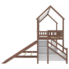 Twin over full bunk bed with staircase and slide side view