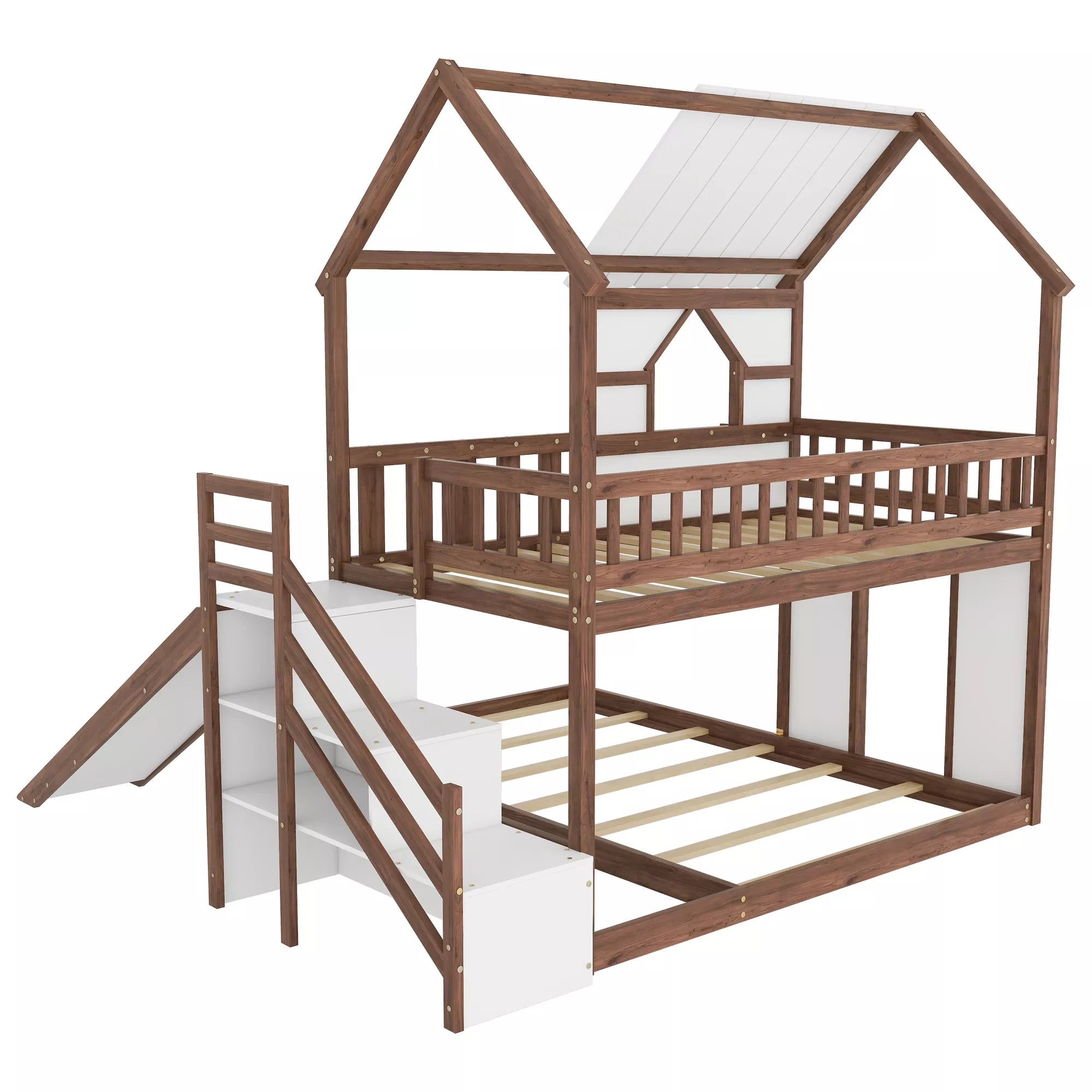 Wooden playhouse bunk bed with built in staircase