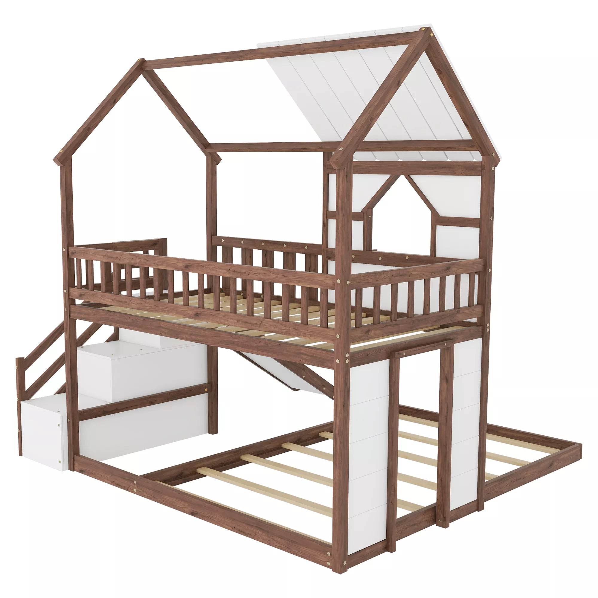 Twin over full wooden house bunk bed angled view
