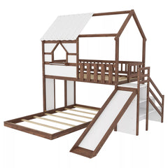House shaped bunk bed frame with slide and stairs