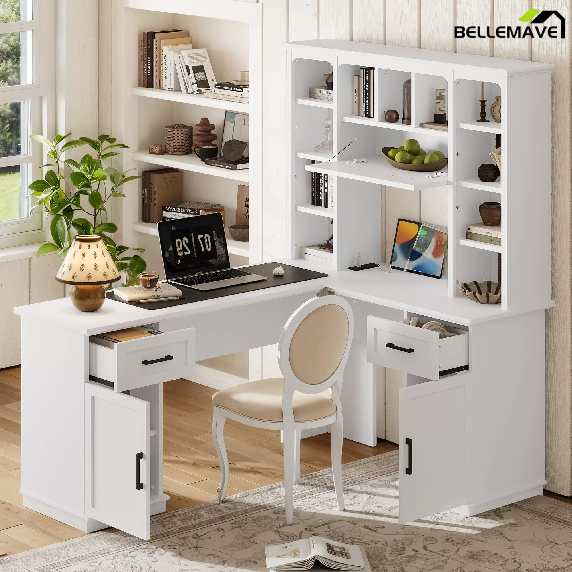 White L-shaped computer desk with storage hutch in a home office