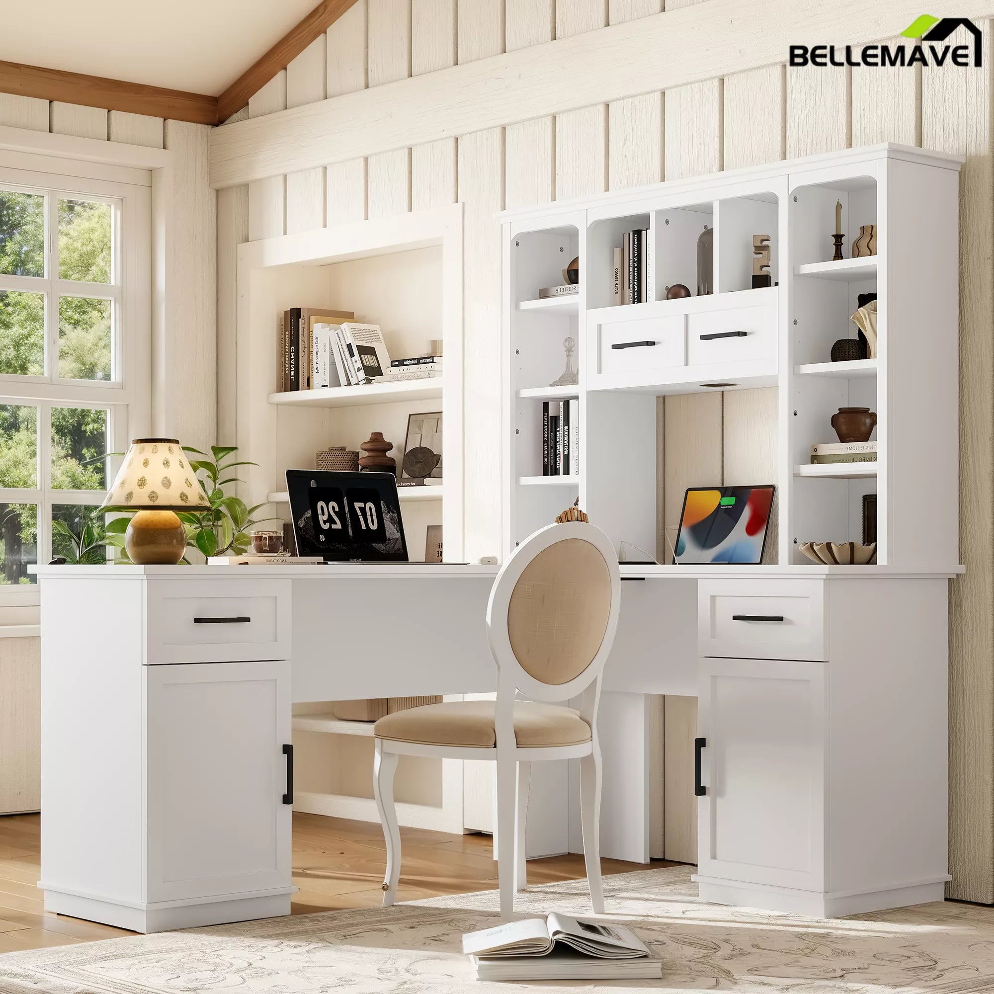 White computer desk and storage hutch shown with a chair and laptop