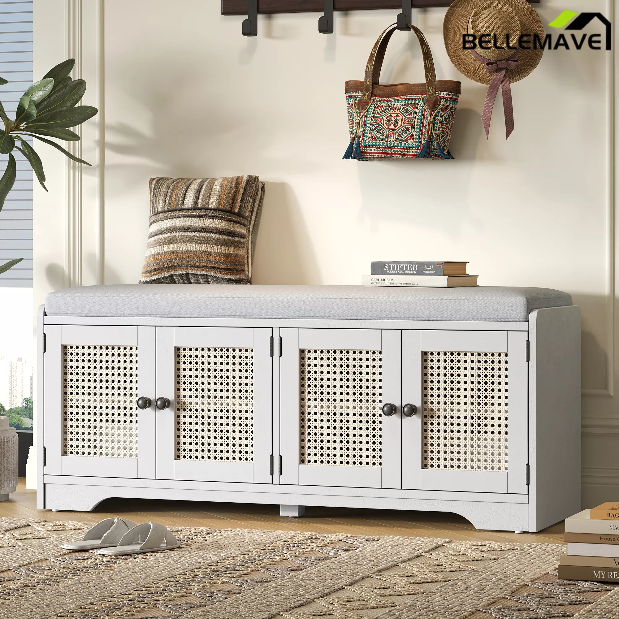 White wood shoe bench for entryway storage