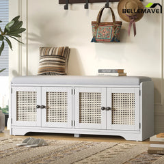White wood shoe bench for entryway storage