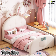 Bellemave® Twin Kids Platform Bed with Bear Headboard, PU Leather Upholstered Frame with Footboard Pockets, Brown