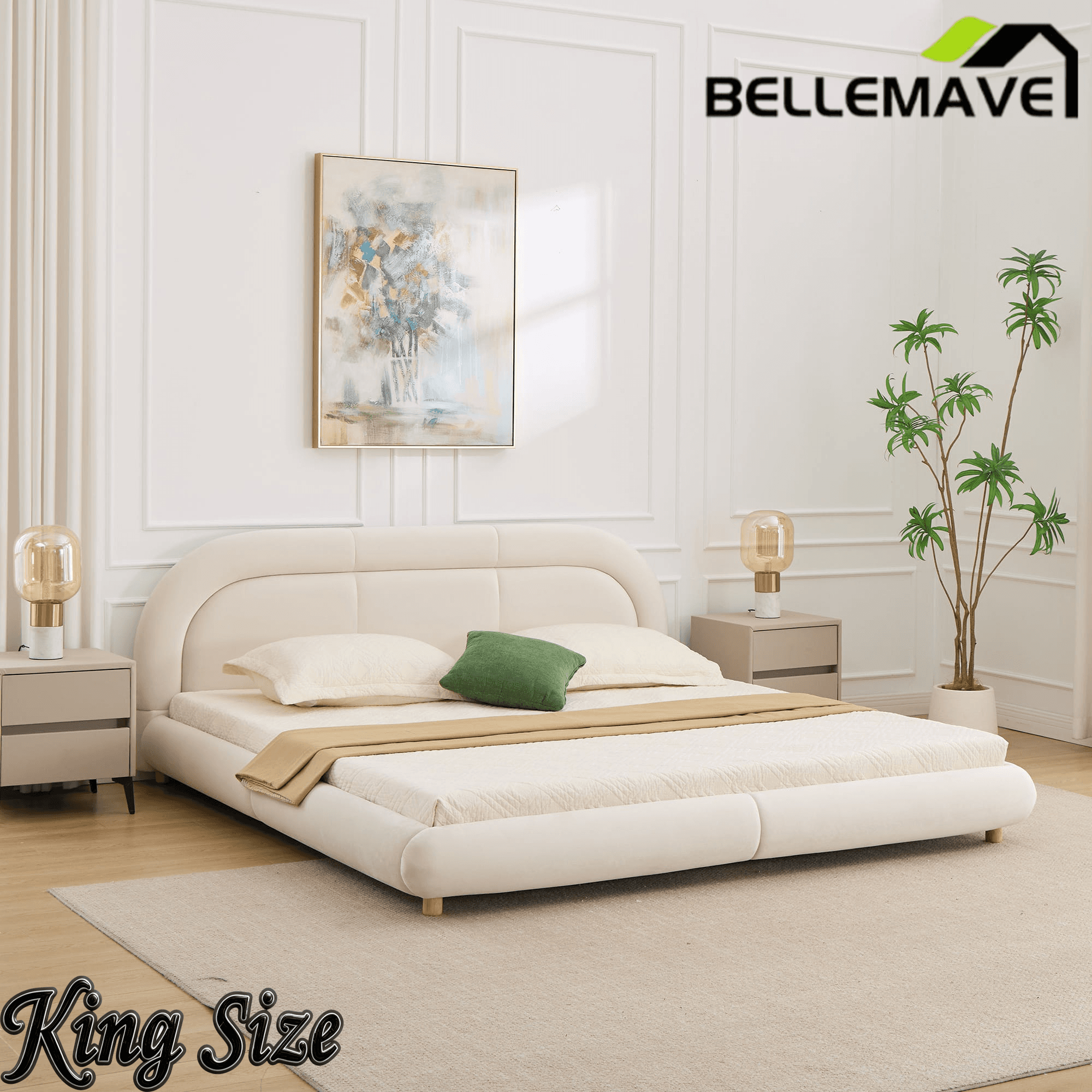 Bellemave® King Size Modern Curved Upholstered Low Profile Platform Bed Frame with Rounded Headboard, Soft Velvet Fabric & Sturdy Metal Frame Bellemave®