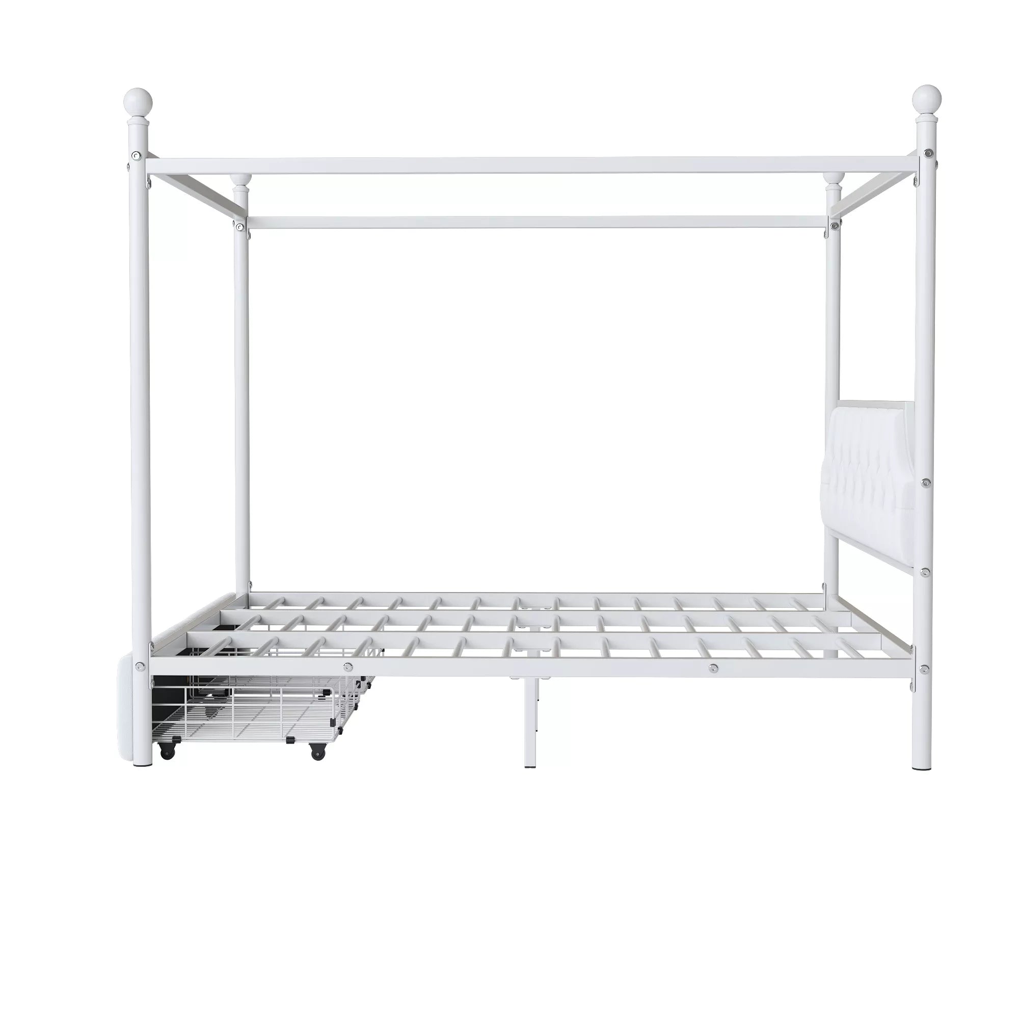 Bellemave® Queen Upholstered Canopy Bed Frame with 2 Drawers, Headboard & Storage, Four-Poster Metal Platform Bed Frame, White Bellemave®