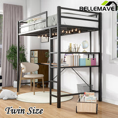 Bellemave® Twin Size Metal Loft Bed with L-Shaped Desk and Shelves, Charging Station, Led Lights, Safety Guard & Ladder