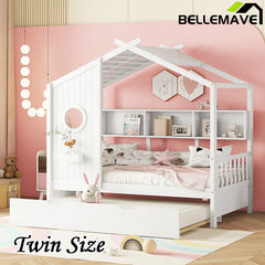 Bellemave® Wooden House Bed with Trundle and Storage Shelf