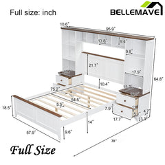 Bellemave® Solid Pine Wood Platform Bed with All-In-One 2 Nightstand Bookcase and Storage Shelf