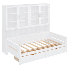 Bellemave® Wooden Daybed with Glass-Door Storage Cabinets, Built-in LED Lighting and Shelves