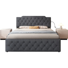 Bellemave® Queen Size Upholstered Platform Bed with Twin Size Trundle Bed and USB Ports , Decorate with Copper Nails