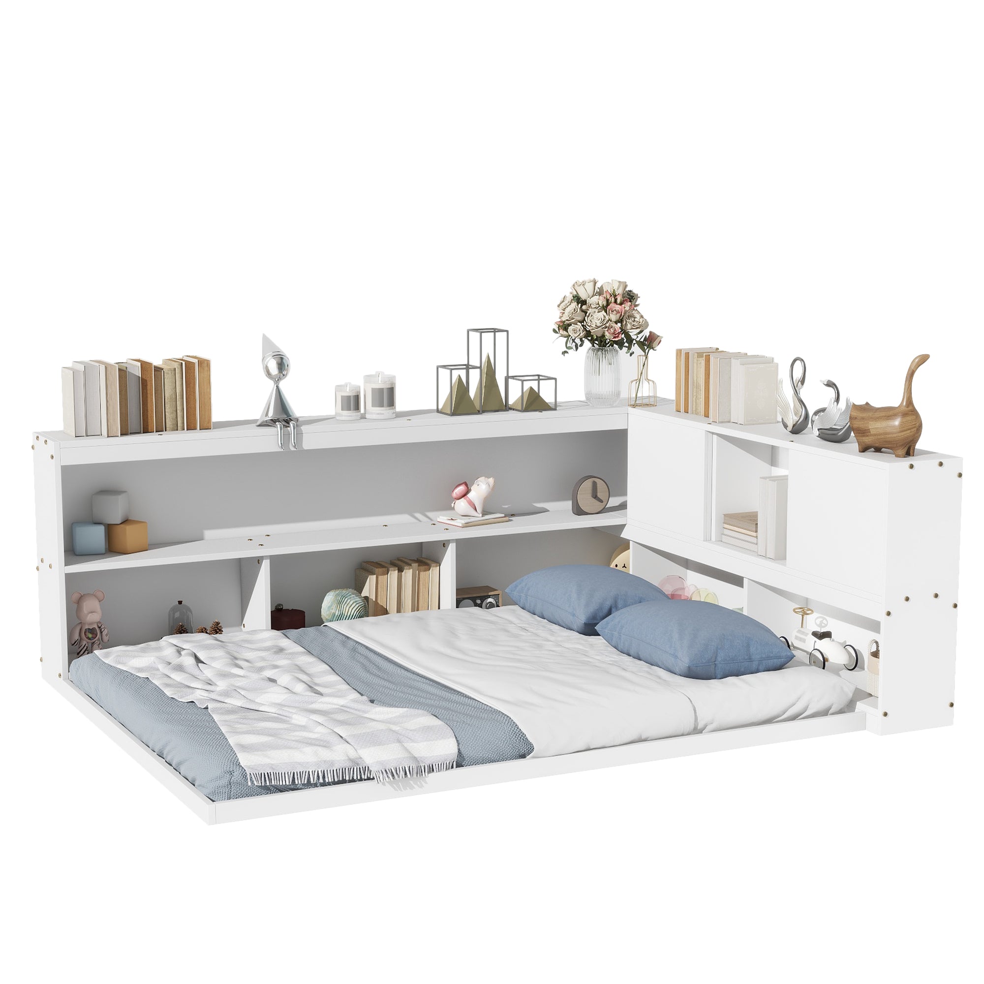 Bellemave® Full Size Floor Bed with L-shaped Bookcases, Sliding Doors,Without Slats Bellemave®