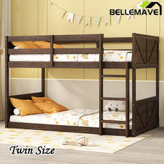 Bellemave® Twin Size Solid Rubber Wood Floor Bunk Bed with Panelled Headboard and Footboard,&nbsp; Safety Guardrails and Built-in ladder