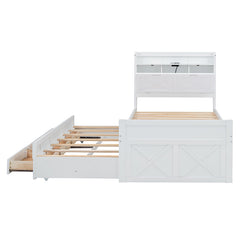 Bellemave® Wooden Platform Bed with Storage Headboard with Outlets, Twin Size Trundle with Three Storage Drawers