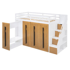 Bellemave® Twin Size Loft Bed with Two-Tone Storage Stairs and Pull-Out Wardrobe