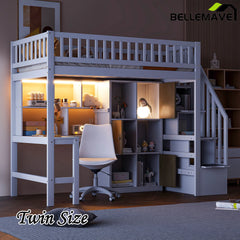Bellemave® Twin Size Wood Loft Bed with Built-in Desk, LED, Storage Shelves, Cabinets and Staircase