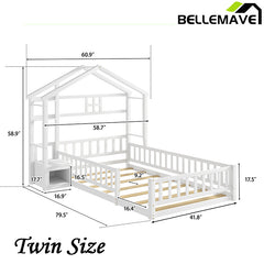 Bellemave® Twin Size House-Style Headboard Floor Bed with Fence