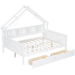 Bellemave® Full Size House Bed with LED Light and Storage Shelves, Drawers and Guardrail