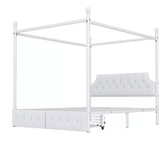 Bellemave® Queen Upholstered Canopy Bed Frame with 2 Drawers, Headboard & Storage, Four-Poster Metal Platform Bed Frame, White Bellemave®