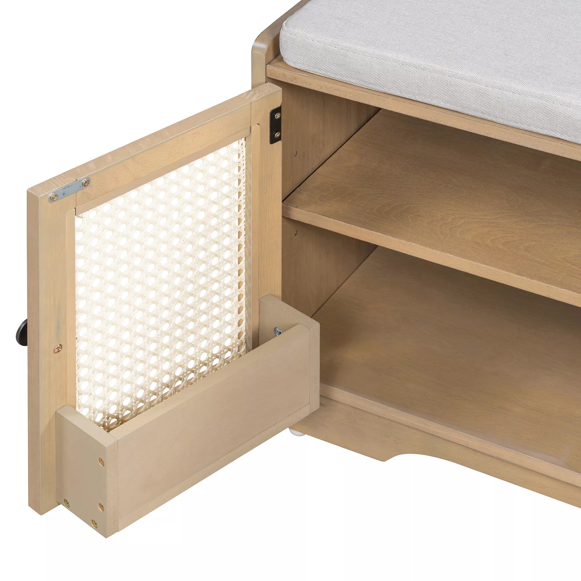 Woven rattan storage bench interior storage compartment detail