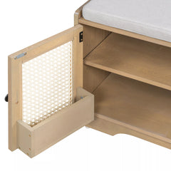 Woven rattan storage bench interior storage compartment detail