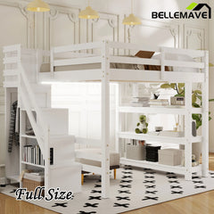 Bellemave® Wooden Loft Bed with Shelves, Storage Staircase, Small Wardrobe and White LED Light