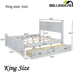 Bellemave® Farmhouse Style Four Square Poster Platform Bed with Three Storage Drawers