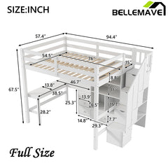 Bellemave® High Loft Bed with L-Shaped Desk and Drawers, Cabinet and Storage Staircase