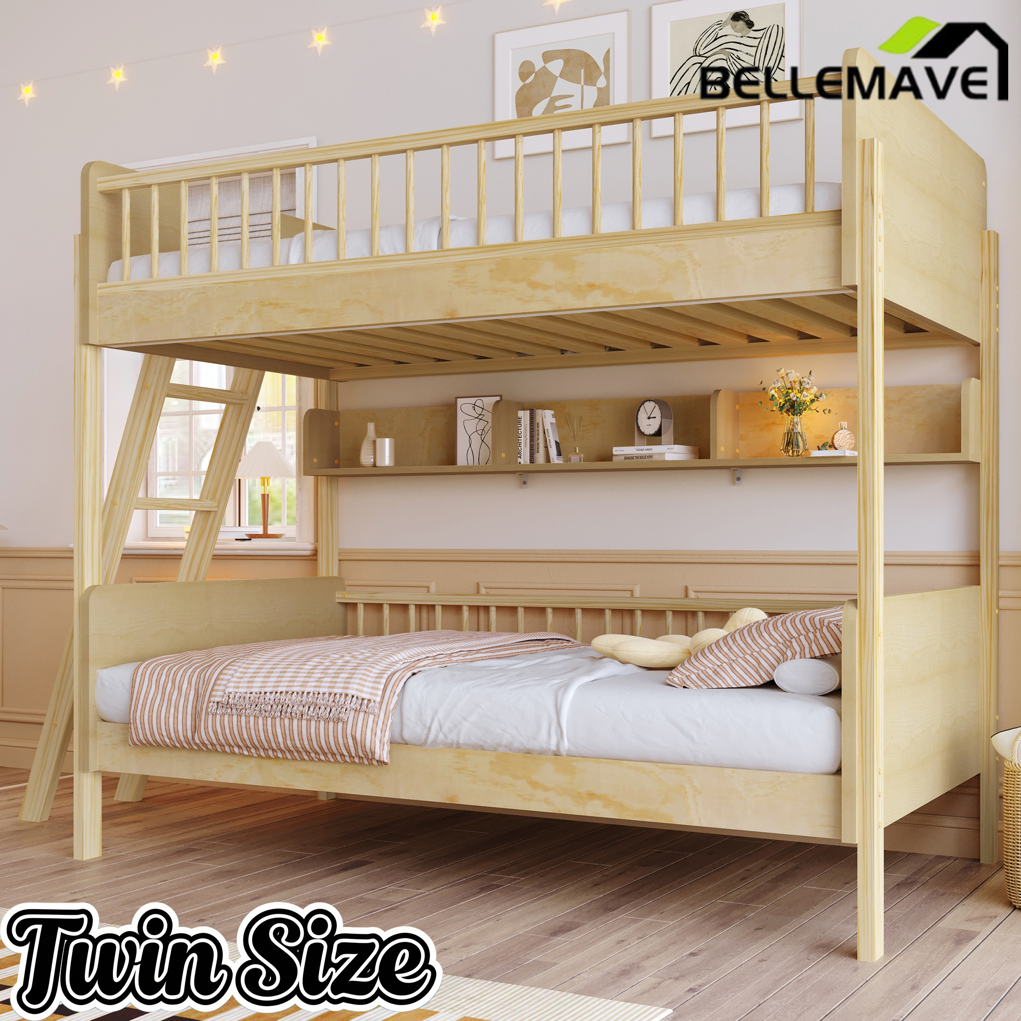 Bellemave® Twin Size Bunk Bed with 3 Storage Shelves, Safety Guardrails & Interchangeable Ladder, Space Saving Design for Kids Room, White Bellemave®