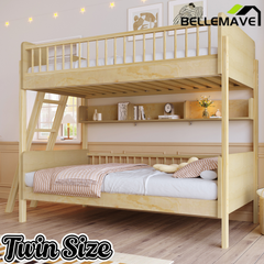 Bellemave® Twin Size Bunk Bed with 3 Storage Shelves, Safety Guardrails & Interchangeable Ladder, Space Saving Design for Kids Room, White Bellemave®