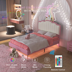 Bellemave® Upholstered Princess Bed with Crown Headboard, Light Strips and Golden Metal Legs