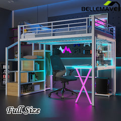 Bellemave® Metal Loft Bed with Built-in Work Station, Wardrobe, Storage Staircase and LED