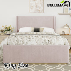 Bellemave® Corduroy Upholstered Bed with Vertical Stripe Wingback Headboard and High Footboard