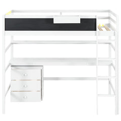 Bellemave® Twin Size Loft Bed with Desk, Blackboard and Storage Box, Shelf and 3 Drawers