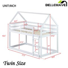 Bellemave® Twin Size Rubber Wood Floor House Bunk Bed with ladder,Guardrails