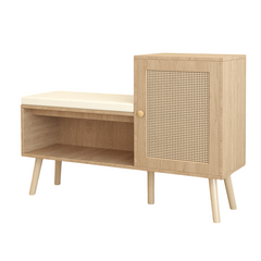 Bellemave® 2-in-1 Natural Rattan Shoe Cabinet with 2 Adjustable Shelves and Removable Seat Cushion