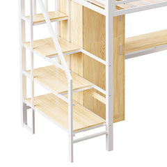 Bellemave® Twin Size Metal Loft Bed With Desk, Shelf, Wardrobe and Storage Staircase