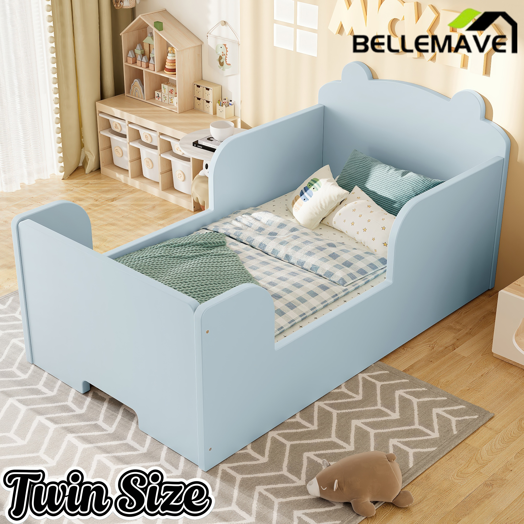 Bellemave® Montessori Toddler Floor Bed - Bear Shape Wooden Cot Bed for 3-6 Year Olds, Low to Ground Kids Bed Frame for Boys & Girls, Green Bellemave®