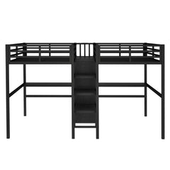 Bellemave® Twin Over Twin Metal Loft Bed with Double Desk, Wardrobe and Shelves with Electrical Outlet
