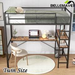 Bellemave® Twin Size Metal Loft Bed with L-Shaped Desk and Shelves, Charging Station, Led Lights, Safety Guard & Ladder