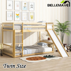 Bellemave® Twin Size Solid Pine Wood Floor Bunk Bed with Slide and Ladder, Door and Safety Guardrails