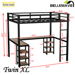 Bellemave® Metal Loft Bed with Desk and Shelves, Ladder and Guardrails